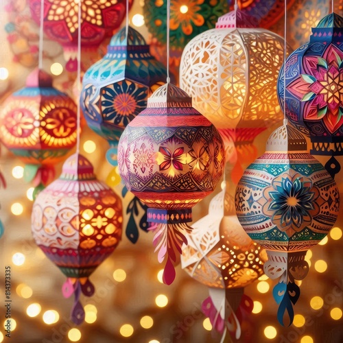 vibrant and colorful image featuring intricately designed paper banners, each with unique cut-out patterns, hung against a backdrop of soft, glowing lights to evoke a festive and warm atmosphere