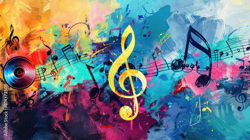 A vibrant background adorned with colorful music notes, sheet music, a disc, and a treble clef creates a lively and dynamic visual composition that celebrates the beauty and power of music.