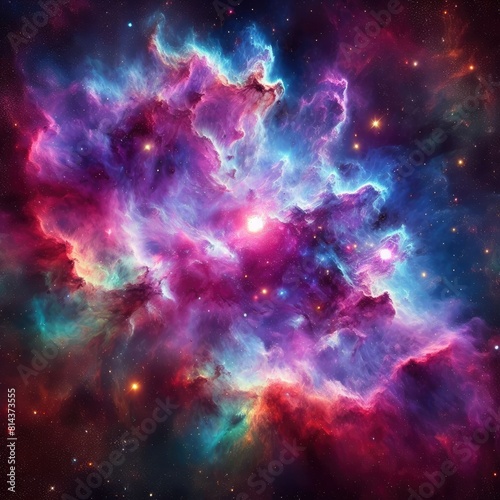 vibrant and colorful nebula in outer space with various hues of purple, pink, blue, and green, stars scattered throughout, and a dynamic and complex structure of gas and dust clouds