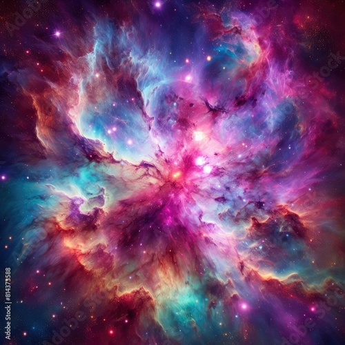 vibrant and colorful nebula in outer space with various hues of purple  pink  blue  and green  stars scattered throughout  and a dynamic and complex structure of gas and dust clouds