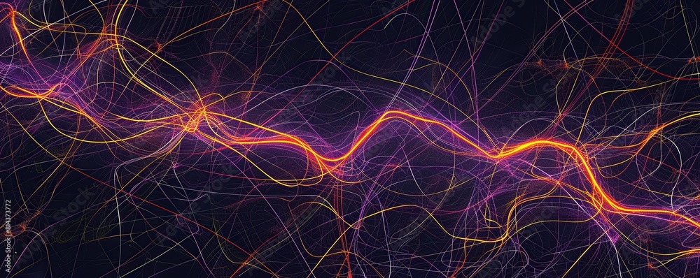 A panoramic layout of interconnected electric violet and bright orange plexus lines sweeping across a dark grey background A panoramic layout of interconnected electric violet and bright orange plexus lines sweeping across a dark grey background