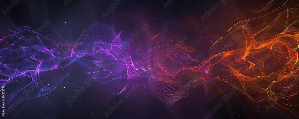 Obraz premium A panoramic layout of interconnected electric violet and bright orange plexus lines sweeping across a dark grey background