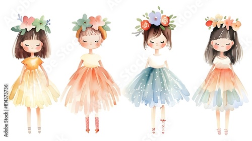 Charming Floral Adorned Girls in Whimsical Dresses Exude Playful Elegance and Feminine Grace