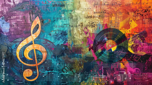 a backdrop of colorful music notes and sheet music, a disc and a treble clef add depth and dimension to this vibrant composition.