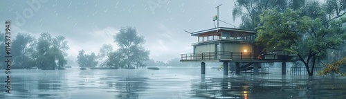 Hightech flood monitoring station on a riverbank  rainy day  realistic  digital painting
