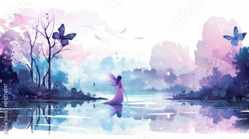 Fairy flat design side view mystical lake theme water color Tetradic color scheme