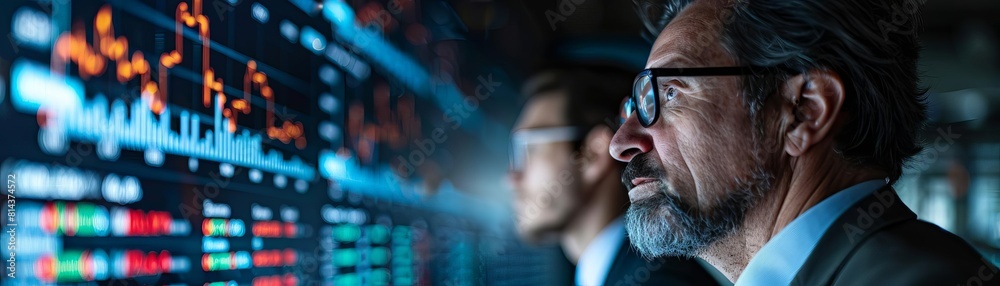 Group of investors reviewing growth potential on screens showing realtime data and binary code comparisons Group of investors reviewing growth potential on screens showing realtime data and binary code comparisons