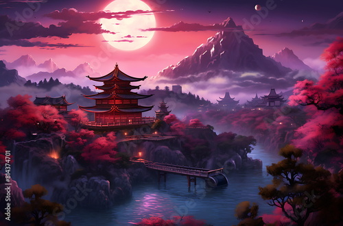 A scenic cherry blossom garden with a pagoda by sea with mountains silhouet, generative ai
