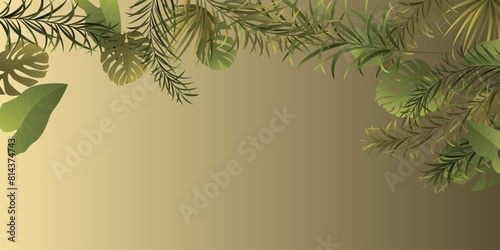 Vector horizontal banner with gold, silver and black tropical leaves on dark background.