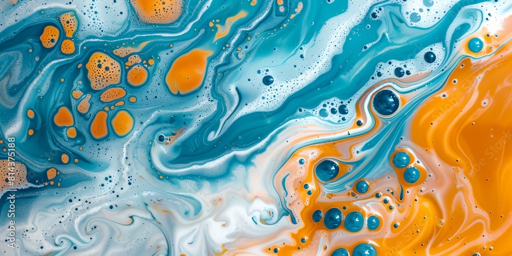a close up of a liquid painting with blue and yellow colors and bubbles on it a close up of a liquid painting with blue and yellow colors and bubbles on it