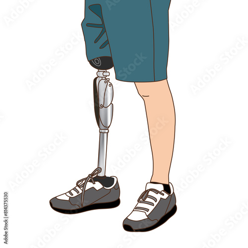 Man amputee on leg use prosthetic from accident or diabetes, illustration on white background