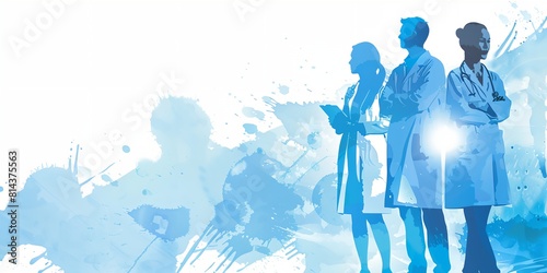 a group of doctors standing next to each other in front of a blue background with splatters and paint