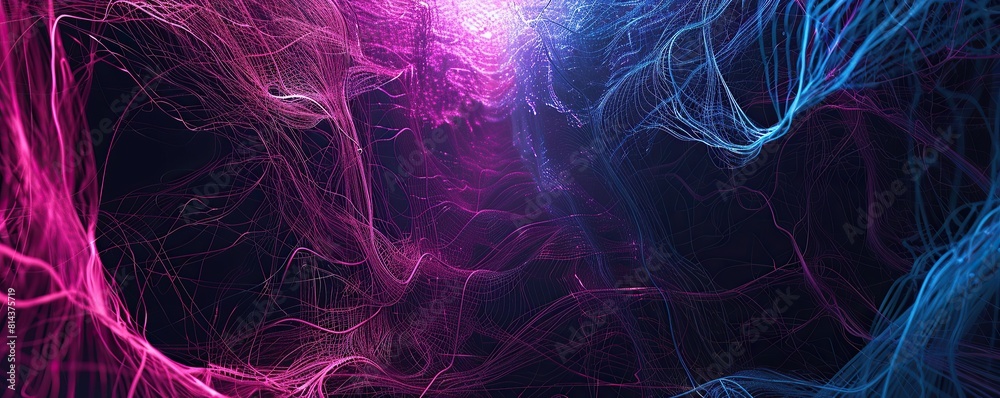 Obraz premium A panoramic view of deep magenta and electric blue lines weaving through a dark setting