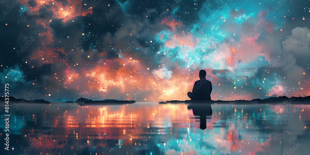 a man sitting on a rock looking at the stars in the sky above the water a man sitting on a rock looking at the stars in the sky above the water