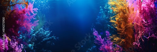 a colorful underwater scene with a bright blue background and a bright red and yellow seaweed in the foreground