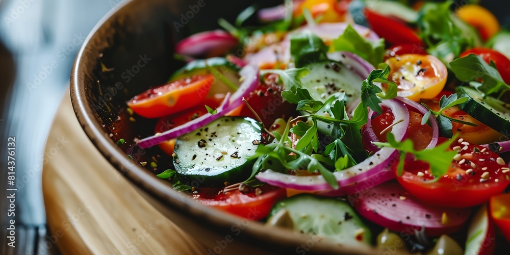 a salad with tomatoes, onions, cucumbers, and herbs in a bowl on a wooden table a salad with tomatoes, onions, cucumbers, and herbs in a bowl on a wooden table