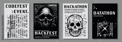 Set of posters for hackathon (also known as a hack day, hackfest, datathon or codefest) event with pixel art illustrations of glitched skulls.