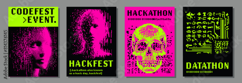 Set of neon futuristic posters with pixel art illustrations of human head and skull. Covers for hackathon (also known as datathon or codefest).