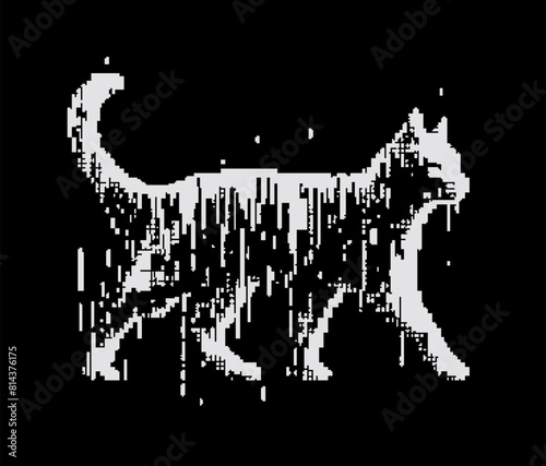 A pixel black-and-white illustration of a cat set in a simulation of virtual reality.