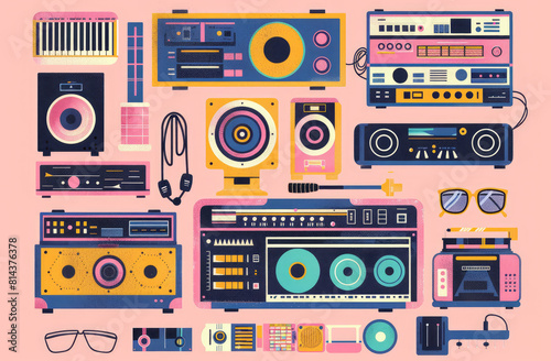 80s90s style Art style elements set with disco equipment and retro objects in colorful vintage style Boombox photo