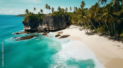 A secluded beach with powdery white sand and turquoise waters, fringed by swaying palm trees and rugged cliffs.