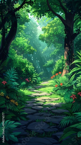 cartoon illustration path green forest large jungle flowers leaves driveway pattern streaming cleanest