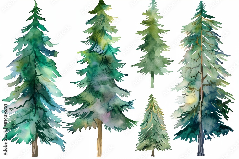 a set of watercolor pine trees on a white background a set of watercolor pine trees on a white background