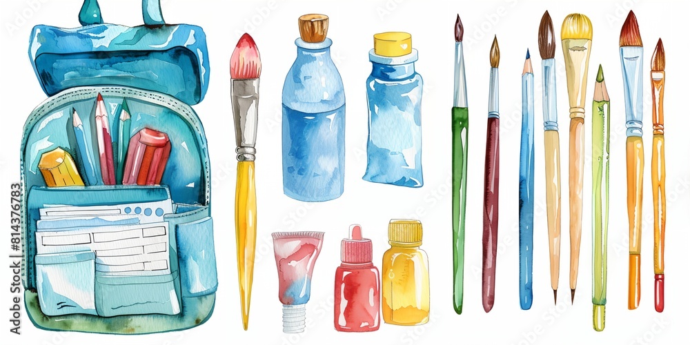 a painting of a back pack with pens, markers, and other items in it a painting of a back pack with pens, markers, and other items in it