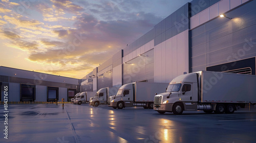 Delivery trucks are lined up in readiness, their cargo holds filled with products bound for distribution across the country, representing the seamless flow of goods in the logistics network.