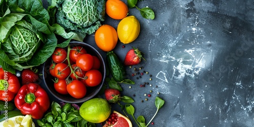 lots of different types of fruits and vegetables next to each other on a gray surface