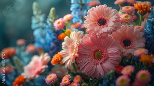 different colored flowers vase together pink blue gradients daisies heavy grim color soft indoor light bright day morbid foreground springtime