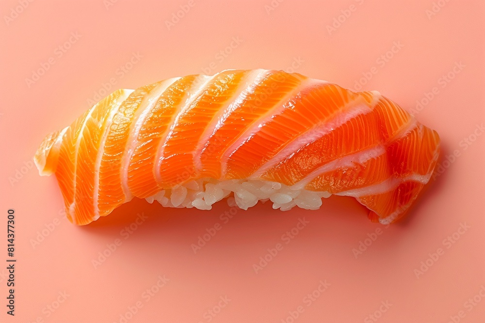 A piece of salmon sushi in a flat design, top view, against a soft background, perfect for a creative culinary presentation A piece of salmon sushi in a flat design, top view, against a soft background, perfect for a creative culinary presentation