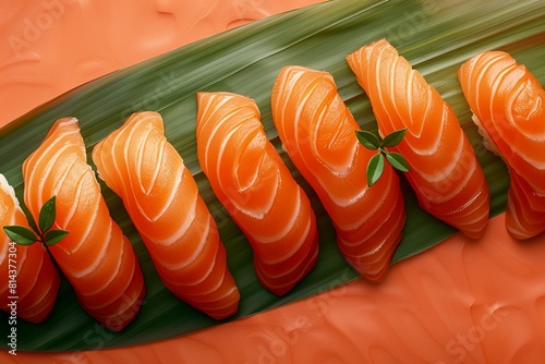 Yummy salmon sushi in a flat design, top view, against a soft background, perfect for a creative culinary presentation photo