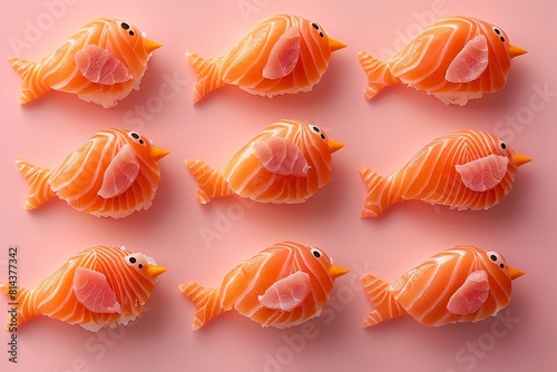 Salmon sushi crafted into bird shapes, presented in a minimalist flat design from a top view against a soft background