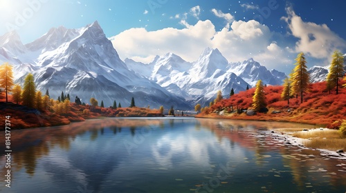 A serene mountain lake nestled among towering peaks, with reflections of snow-capped mountains and vibrant autumn foliage mirrored in its crystal-clear waters. © Ansar