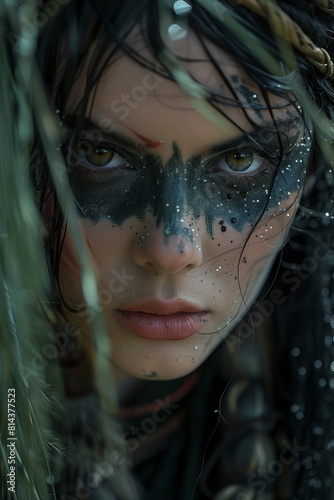 woman makeup feathers face heroic dressed shaman clothes looks young talented paint splatter archer female piercing eyes