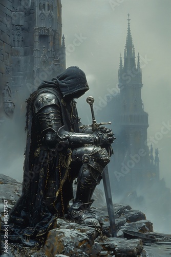man armor sitting rock sword pensive lonely cathedral influential hooded arch mage standing bravely road somber necro thinker photo