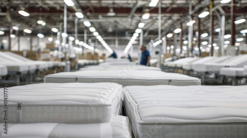Expansive industrial factory  rows of pristine white mattresses are meticulously arranged  awaiting the final touches before distribution  with workers bustling in the background.
