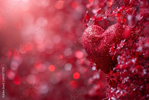 heart shaped decoration hanging tree soft red texture mood background falling flower petals radiate connection loving glittering garden wherever depth blur description photo
