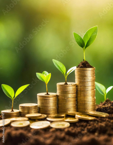 Trees grow on piles of gold coins on the ground, business growth tips. Investment in agribusiness and agricultural processing