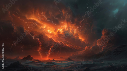 Sky roars with fury as multiple cloud-to-ground lightning strikes pierce the darkness, casting an eerie glow across the landscape.
