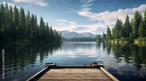 A tranquil lake nestled among towering pine trees, with a wooden dock stretching out into the calm waters and reflections of the surrounding landscape.