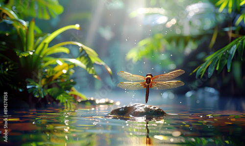 A delicate dragonfly rests on water amidst a mystical, sunlit setting. Generate AI photo