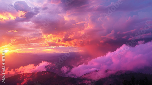 Smoky mountain sunset  vibrant pink and orange clouds into purple mists