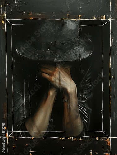 man hat leather jacket hiding behind glass weeping tears black oil head hands soul faded fedora prayer day worry portrait photo