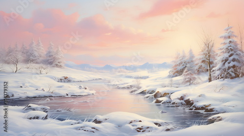 a drawing of a snow covered river, generative ai © imam
