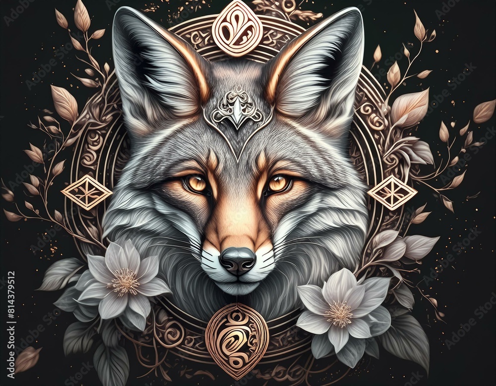 Fototapeta premium 花とデザインモチーフのリアルな狐