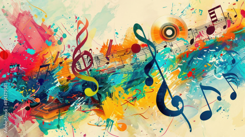 Wallpaper Mural A dynamic background filled with colorful music notes, sheet music, and musical elements such as a disc and a treble clef, evoking a sense of rhythm, harmony, and artistic expression. Torontodigital.ca