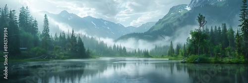 Mountain Range with Forests and Stream, Lush temperate rainforest in alaska with clouds and sun realistic nature and landscape photo