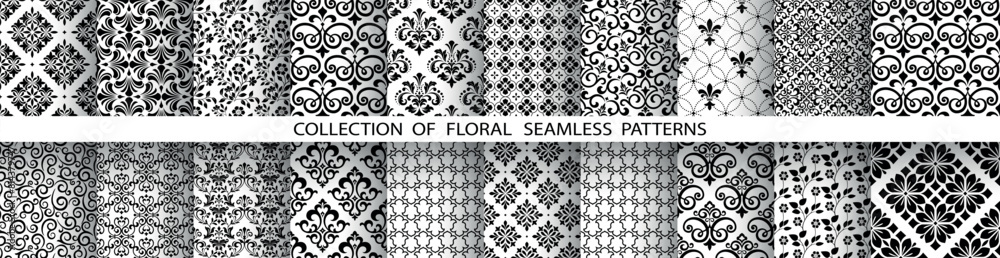 Geometric floral set of seamless patterns. White and black vector backgrounds. Damask graphic ornaments. Geometric floral set of seamless patterns. White and black vector backgrounds. Damask graphic ornaments.